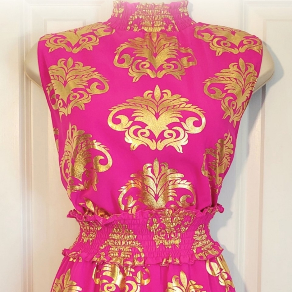 NWT. FUSCIA AND GOLD FLOWING MIDI DRESS